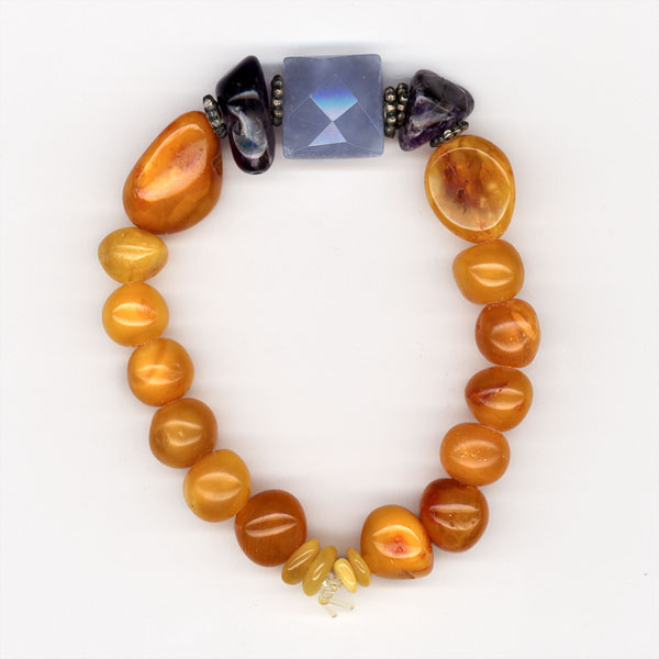 Bracelet made of genuine amber from Baltic sea -  cut by hand, amethyst, chalcedony and silver(elastic).
