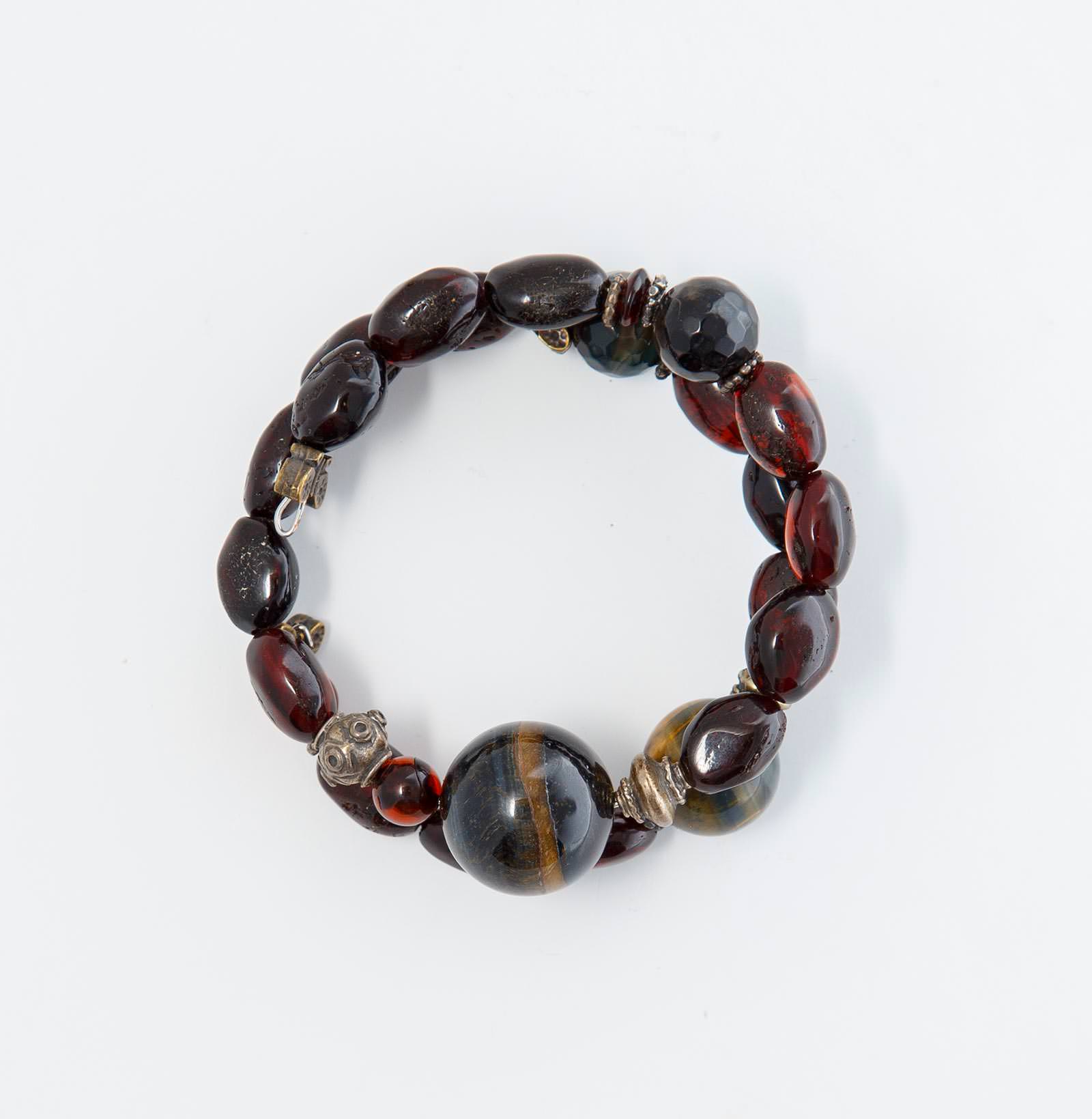 Bracelet made of genuine amber from Baltic sea - cut by hand, Tiger Eye, Fire Jade, silver and tin.
