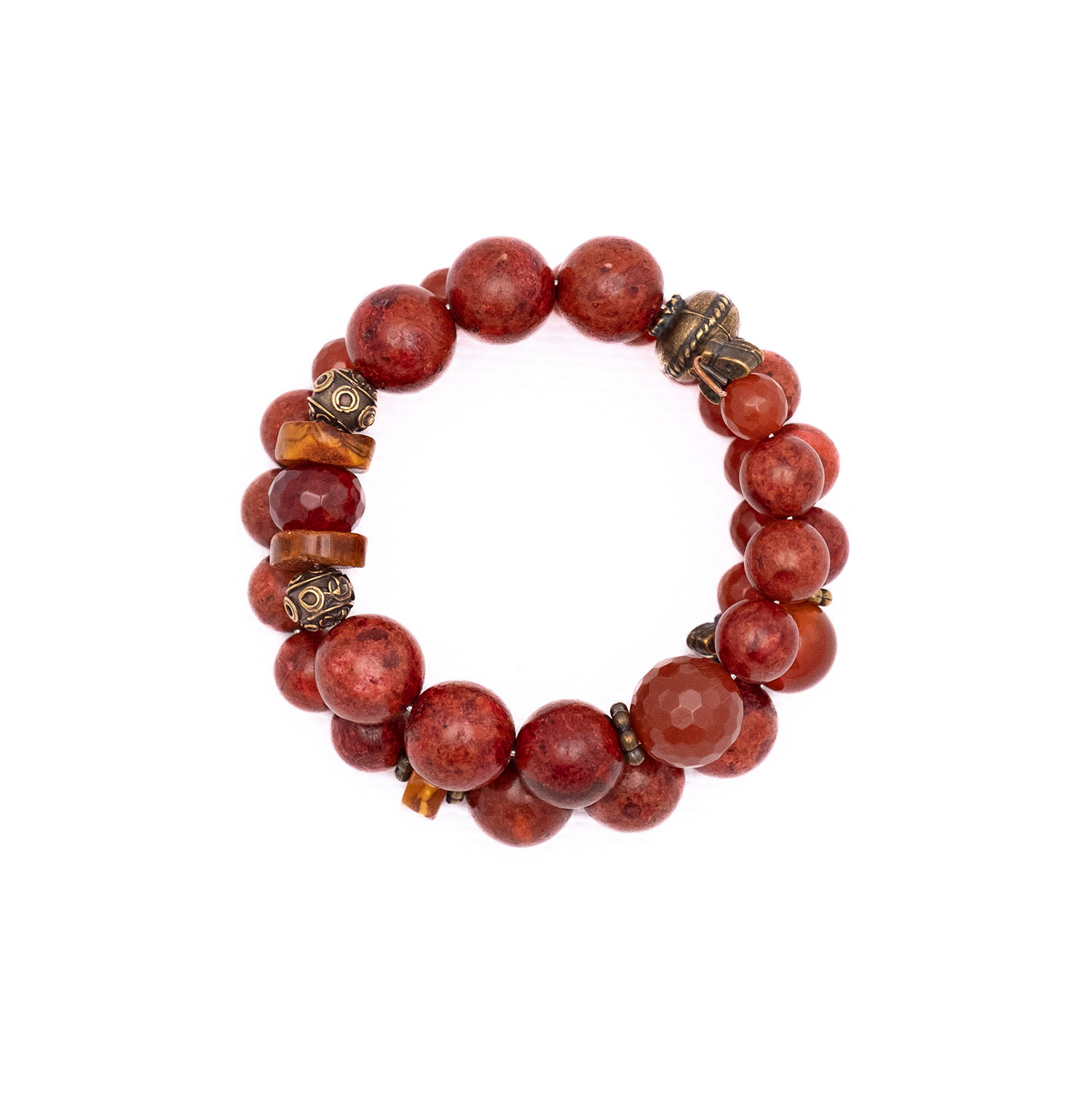 Bracelet made of processed red coral, agates, amber from Baltic sea and tin.