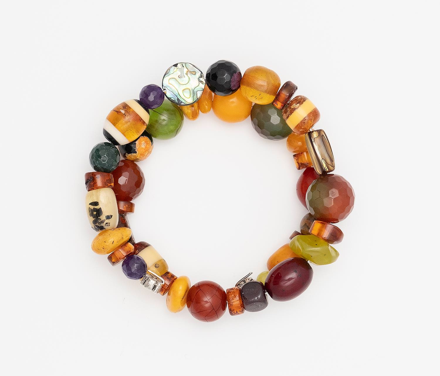 Bracelet with beads made of old mixture of artificial resins of Egypt (1960), Baltic Sea Amber (cut by hand), Agates and tin
