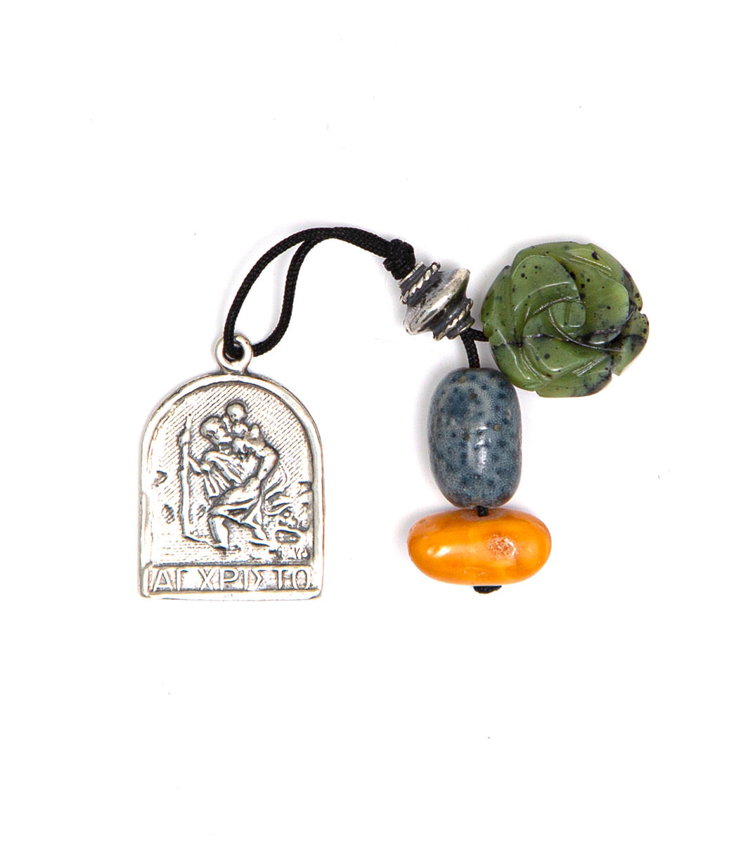 Saint Christopher : For Safe Travels. Amulet with semi precious stones: Green Agate, Blue Coral, Genuine Amber from Baltic Sea, and Silver