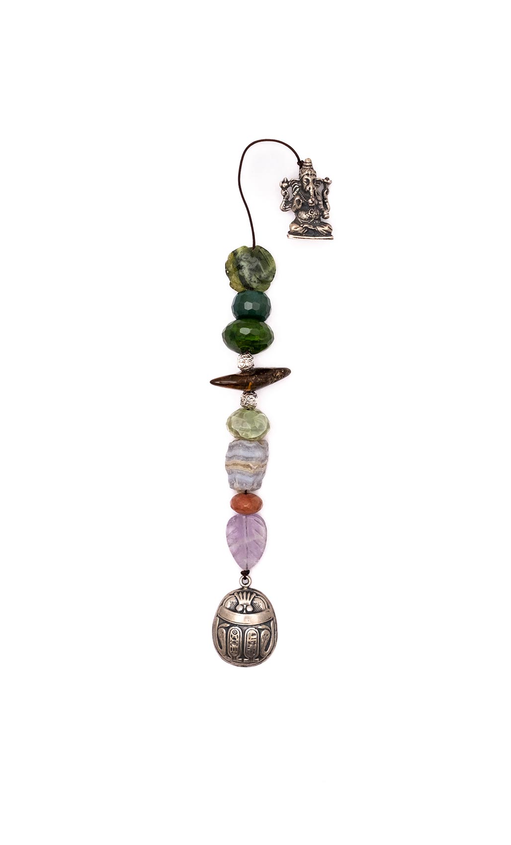 Fairy - Scarab : For the joy and pleasure of daily things. Amulet with semi-precious stones: Carnelian,jasper,genuine amber from Baltic sea-cut by hand, Jade, pink quartz,mineral  turquoise, lapis lazouli, amethyst, tin.