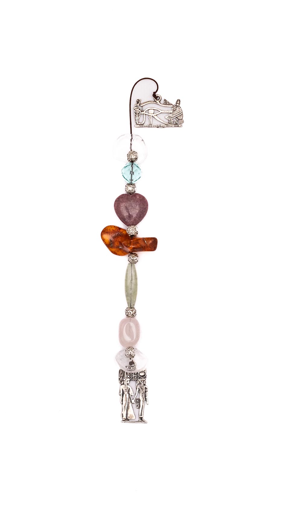 Love - Couple : For the love that is renewed eternally. Amulet with semi-precious stones:quartz,jade,Mother of pearl,ceramic scarab,blou topaz,pink quartz,tin.