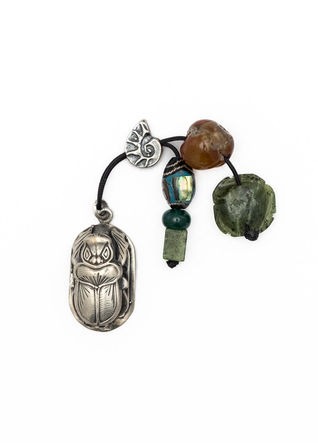 Scarab - Ank Cross : For health. Amulet with semi precious stones: Mother of pearl,jasper,mineral turquoise,genuine amber from Baltic sea-cut by hand,lapis lazouli,green agate,tin.