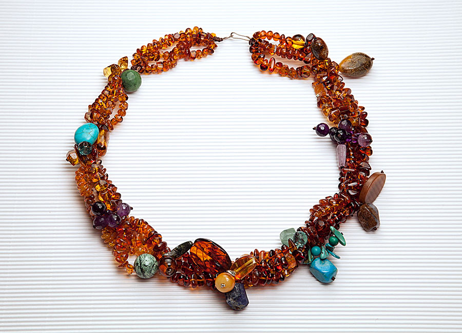 Necklace made of genuine amber from Baltic sea - cut by hand, amethyst, lapis lazuli, canadian jade, carnelian, blue topaz, agate, fluorite, dendrite(moss agate), howlite, turquoise and silver.