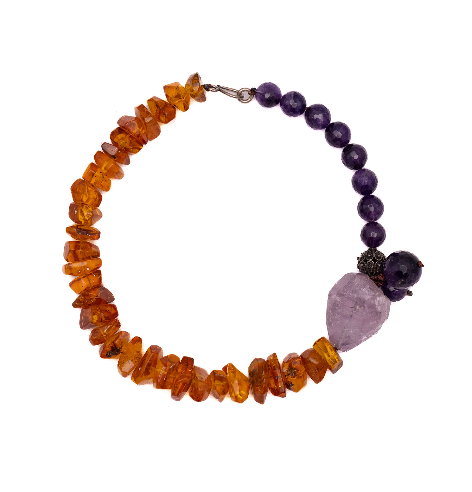 Necklace made of genuine amber from Baltic sea - cut by hand, agate and silver