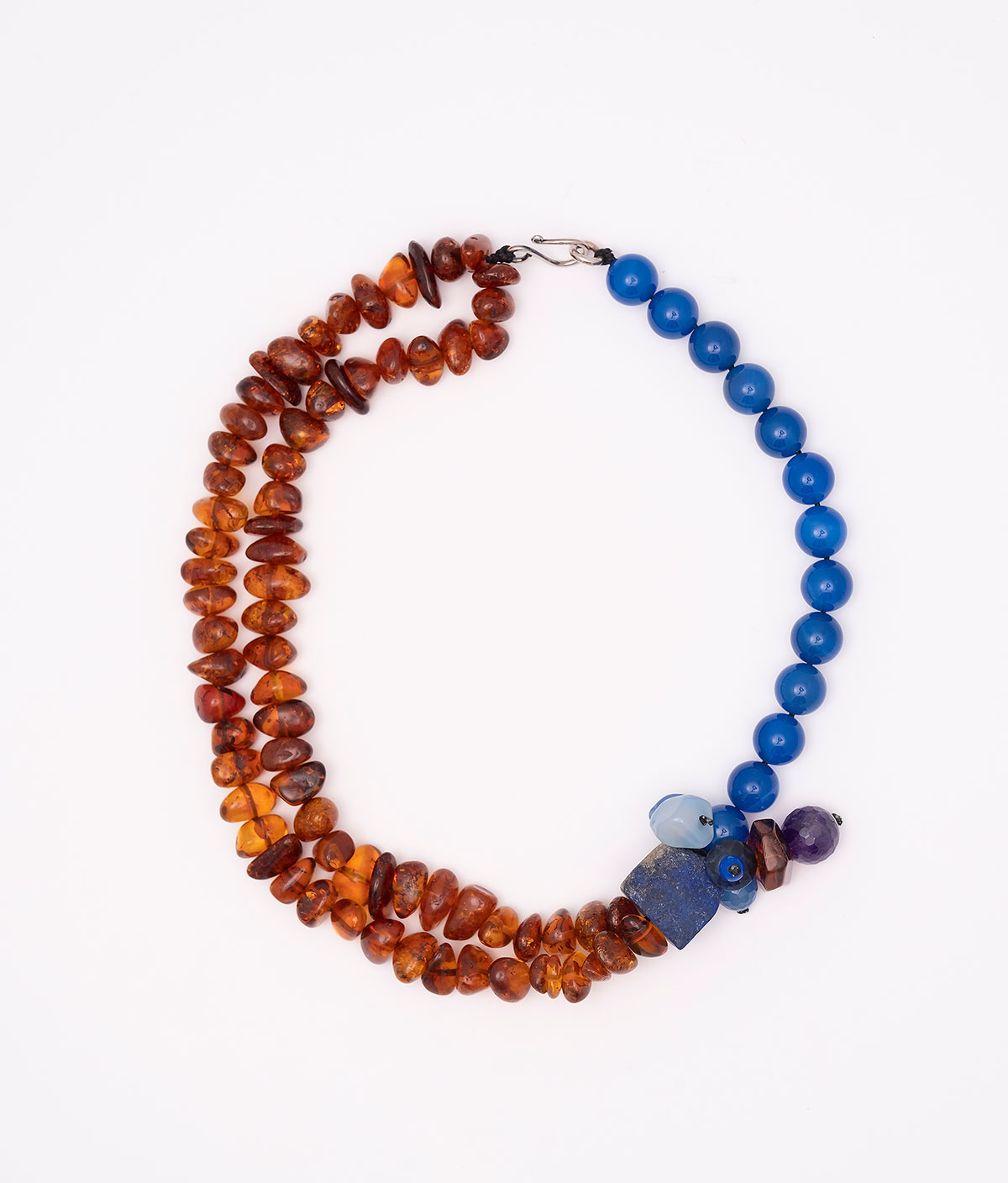 Necklace made of genuine amber from Baltic sea - cut by hand and semiprecious stones.
