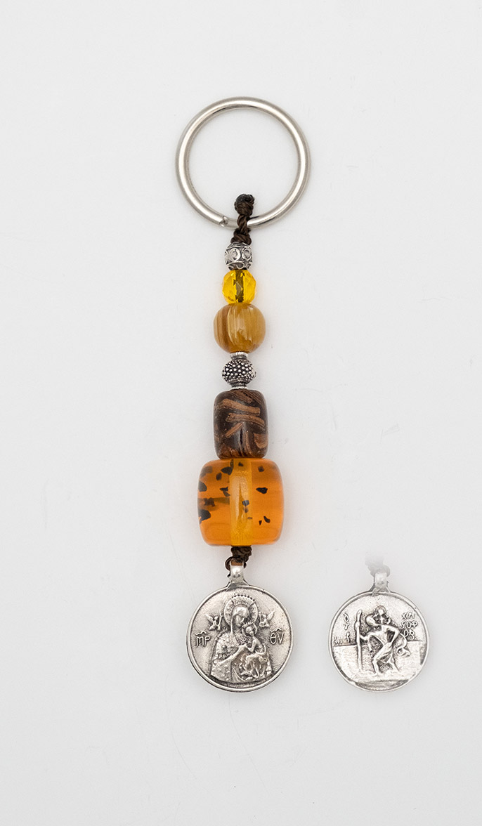 Keyring - amulet made of artificial resin, crystal, cinnamon with  Virgin Mary and Saint Christopher 