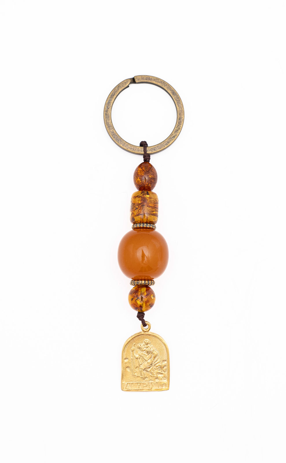 Keyring with beads made of Amber from Baltic sea (Ambroid) tin and gold plated silver
