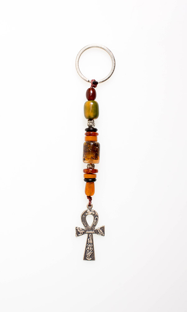 Keyring from Baltic Sea amber, tin and silver - Ankh cross