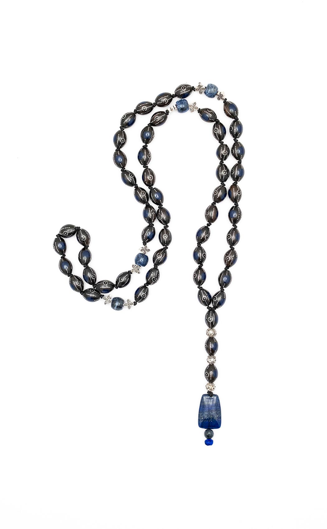 Catholic Prayer Beads (Rozary) from ebony with inlaid enamel and silver, Agates and Tin