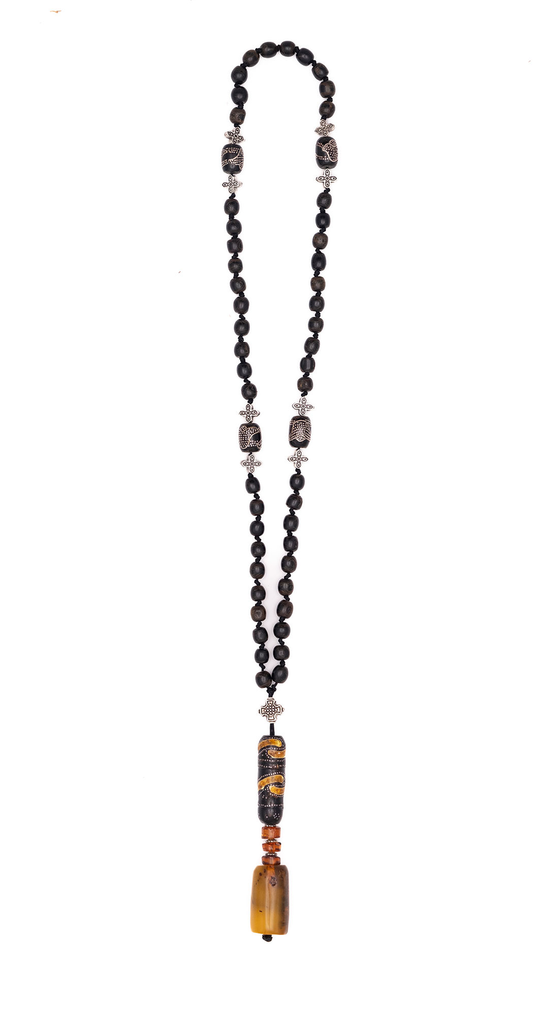Catholic Prayer beads (Rosary) made of Black Coral (Yusuri) 1880-1900, Amber from Baltic Sea cut by hand, silver and tin